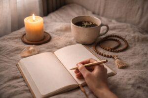 Sacred structure morning ritual with candle, tea, and journal for grounding daily rhythm