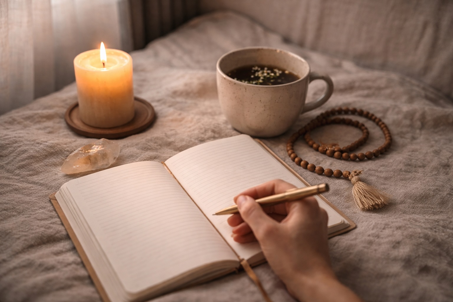 Sacred structure morning ritual with candle, tea, and journal for grounding daily rhythm