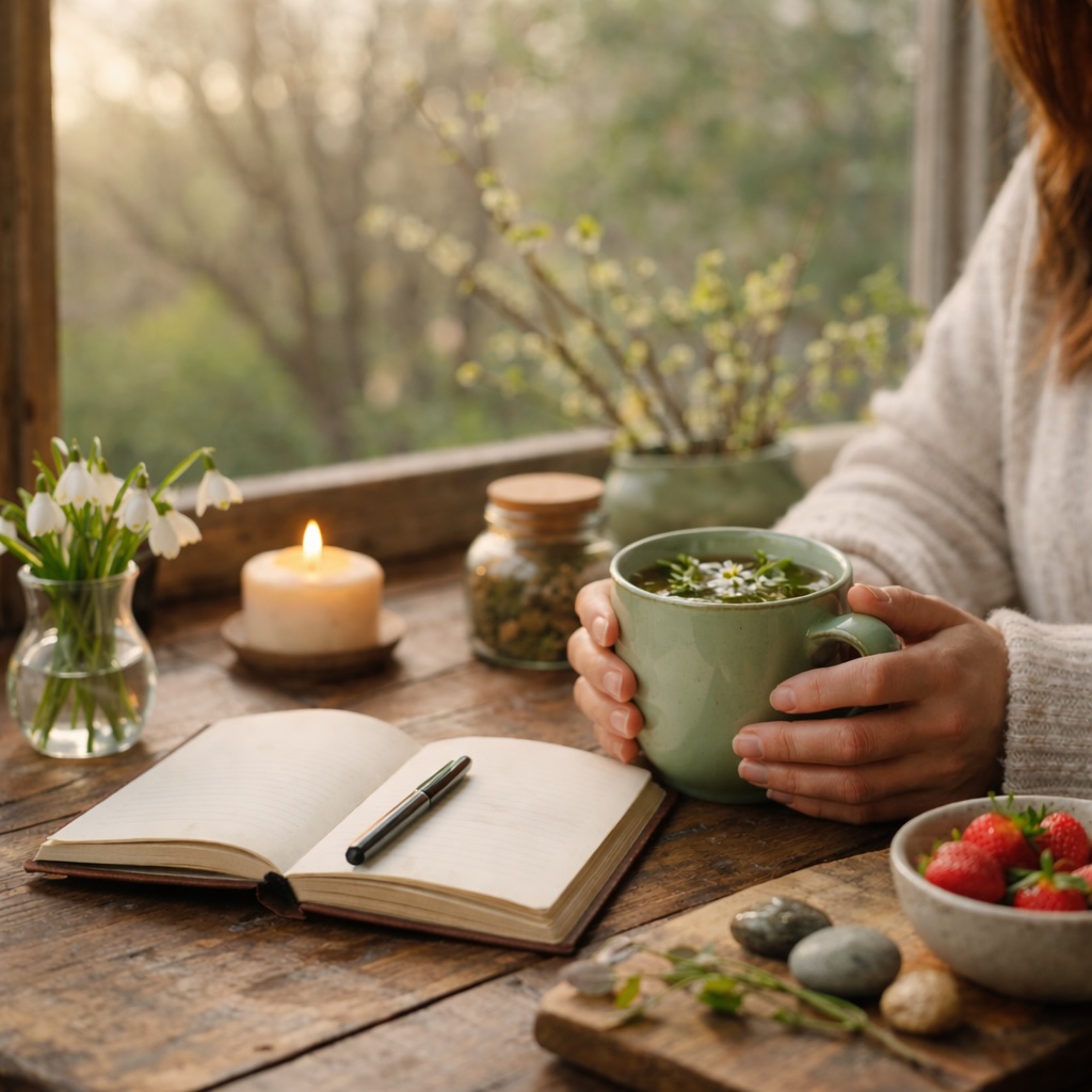 Reawakening your energy without overwhelm in spring with herbal tea and a calm morning ritual.