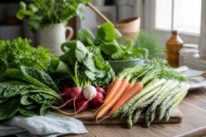 Ayurvedic spring foods with asparagus, radishes, carrots, and leafy greens supporting a natural body reset