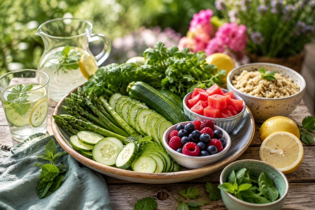 Eating with the seasons using cooling early summer foods, herbs, cucumber, berries, and hydrating meals