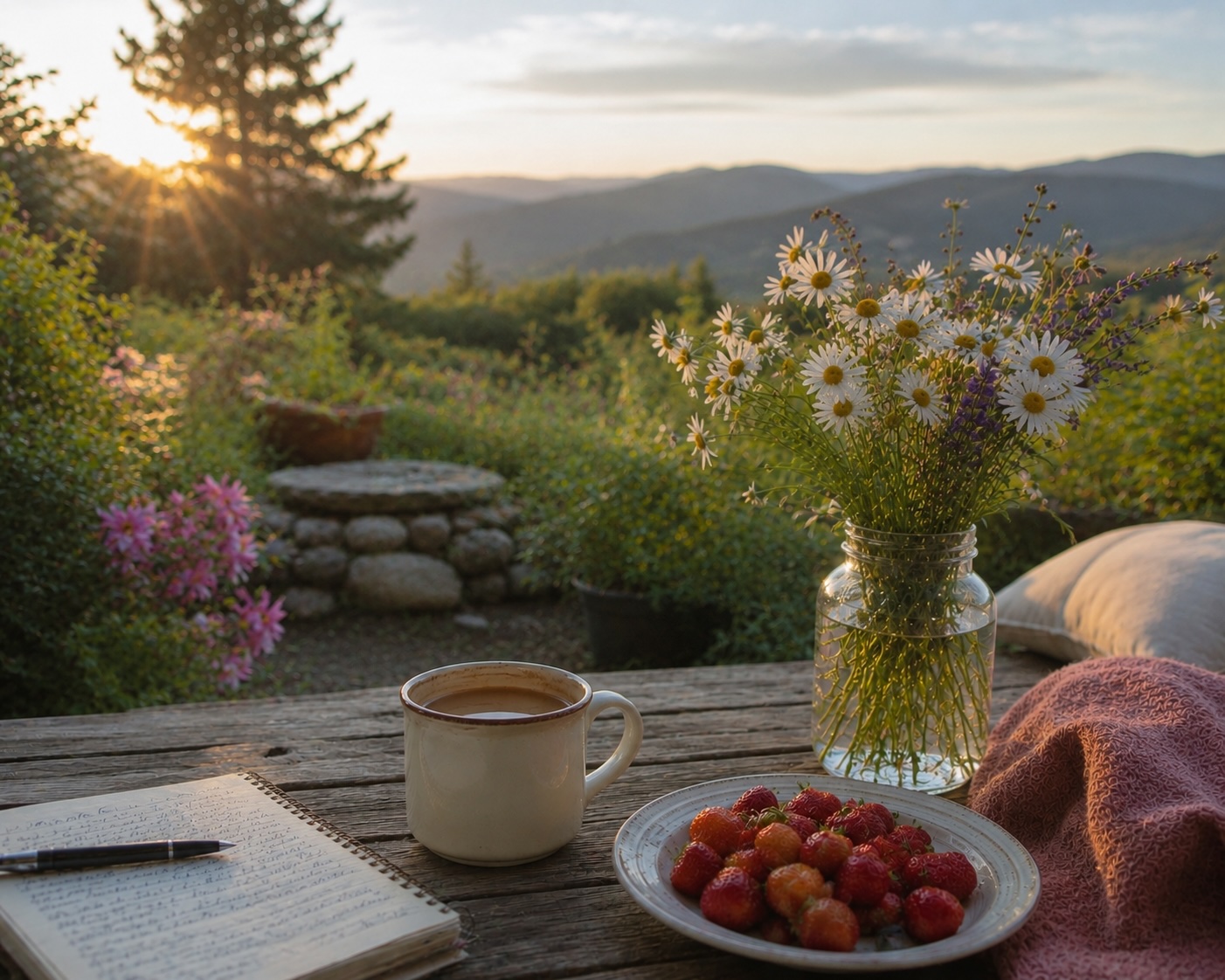 Staying grounded this summer with tea, wildflowers, fresh berries, and a peaceful mountain view.